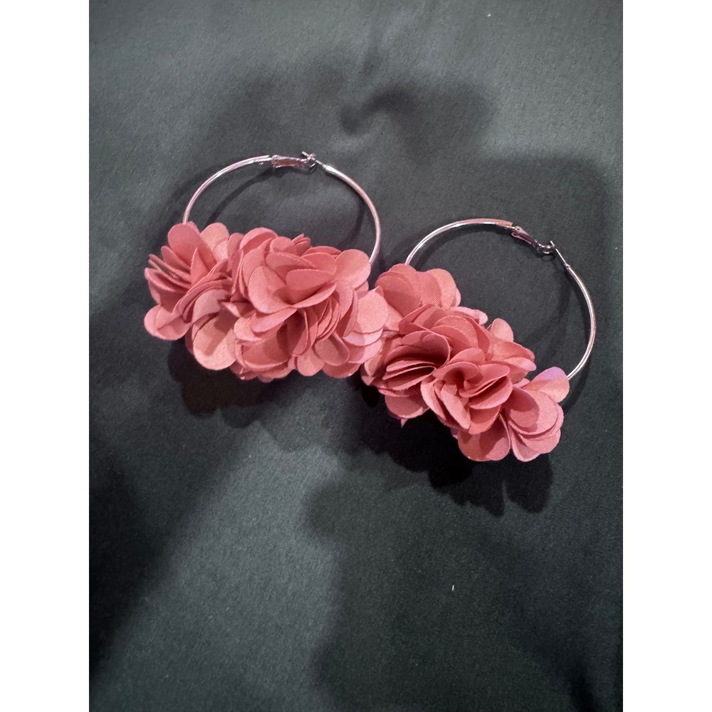 Dusty Rose Pink Fabric Floral Hoop Earrings Silver Tone Boho Statement Jewelry